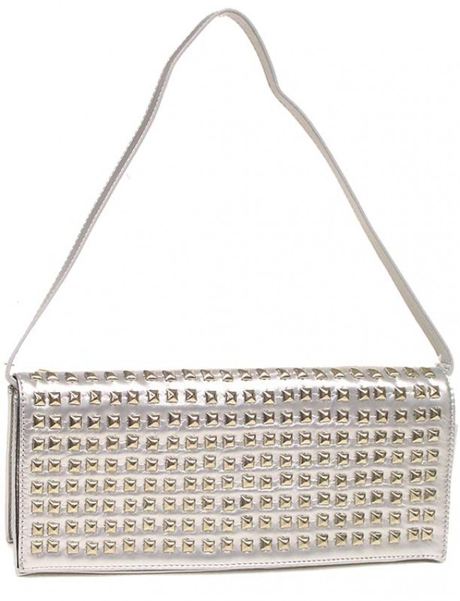 Evening Bag - Clutch w/ Pyramid Metal Studs – Silver – BG-90275S